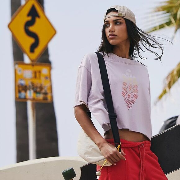 Free People Movement Inspire Oversized Logo Cropped Tee, Oyster Combo-Small. NWT - Picture 2 of 13